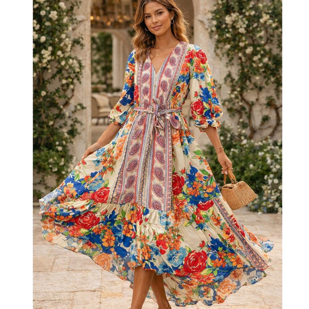 Figueroa and Flower Boho Floral High Low Dress Tie Waist V-Neck Midi Summer Sz S
